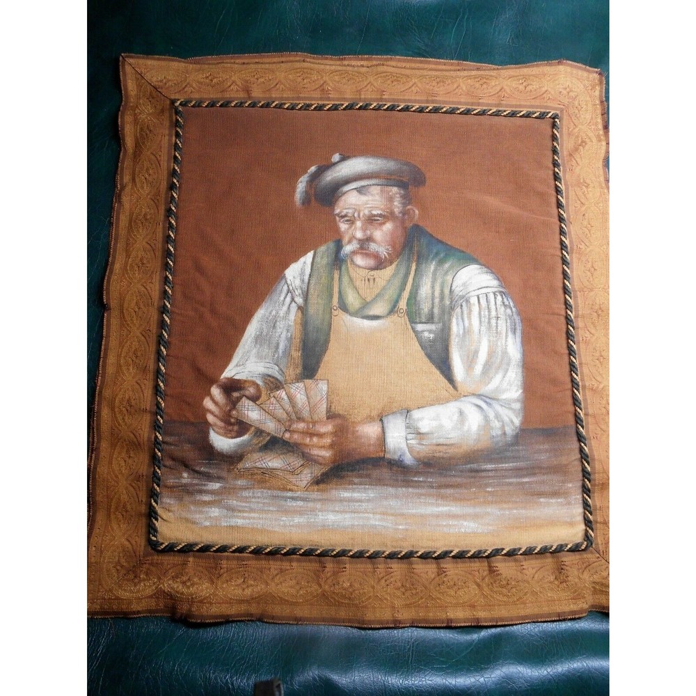 Rare Antique European Card Playing Gambling Man Painting on Fabric